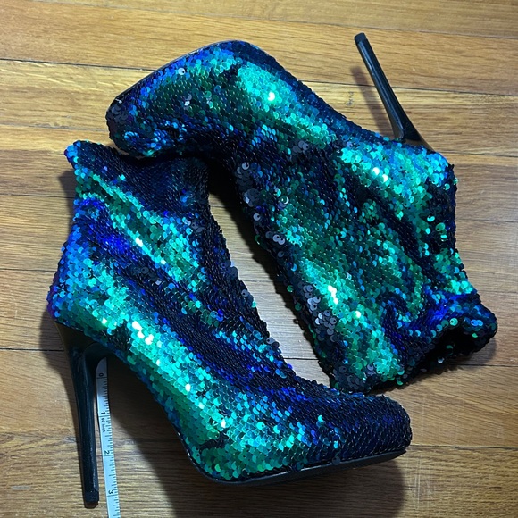 Mermaid Green and Black Sequin Ankle Booties - Picture 5 of 10